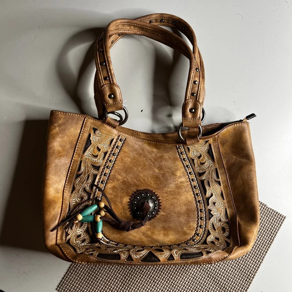 Montana West Western Hobo Shoulder Bag Tan Embroidered Cutout Concho Turquoise